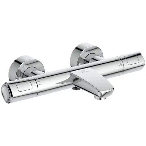 Chromfarbener Badethermostat von Ideal Standard mit zwei Bedienknöpfen zur Temperatur- und Wassermengenregulierung, montiert an der Wand.
